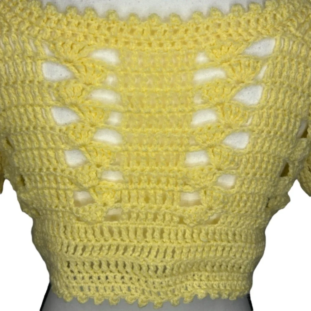 Handmade Crochet Crop Top Light Yellow Acrylic Yarn Short Sleeve Scoop Neck